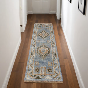 HomeRoots 3' Hand-Knotted Wool Oriental Area Rug in Ivory Tan and Blue – Elegant, Stain-Resistant Design 8' Runner 567048