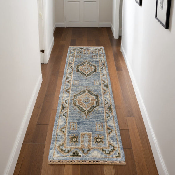 HomeRoots 3' Hand-Knotted Wool Oriental Area Rug in Ivory Tan and Blue – Elegant, Stain-Resistant Design 8' Runner 567048