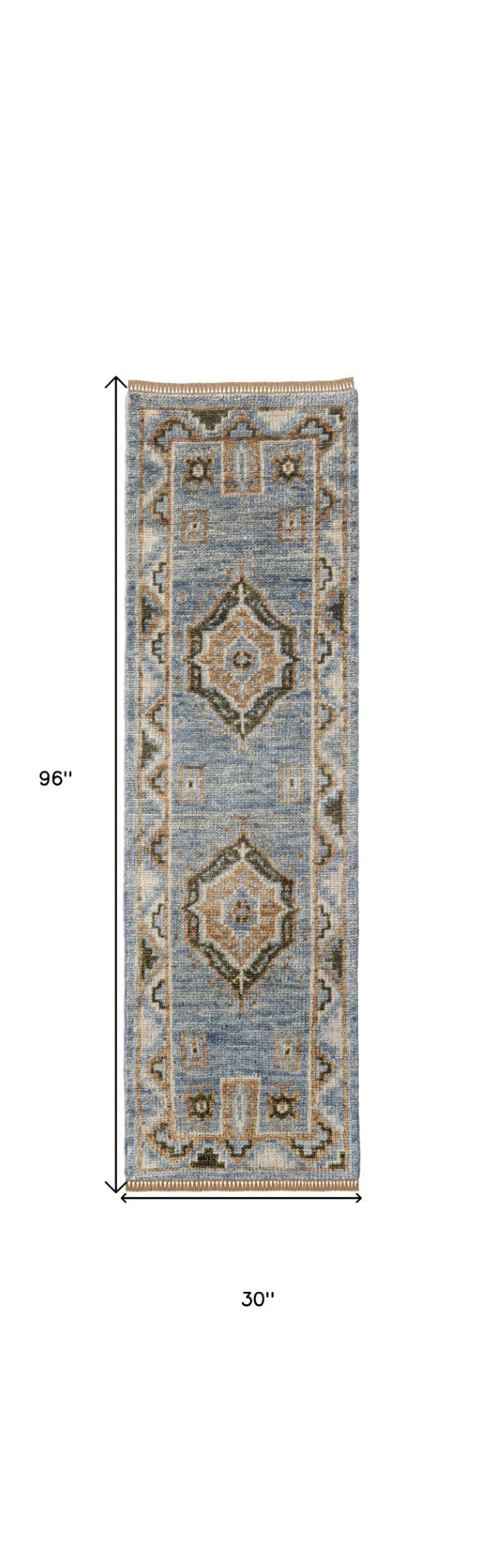 HomeRoots 3' Hand-Knotted Wool Oriental Area Rug in Ivory Tan and Blue – Elegant, Stain-Resistant Design 8' Runner 567048