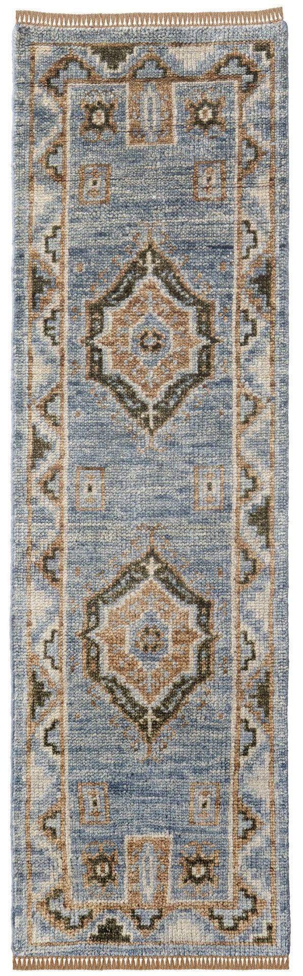 HomeRoots 3' Hand-Knotted Wool Oriental Area Rug in Ivory Tan and Blue – Elegant, Stain-Resistant Design 8' Runner 567048