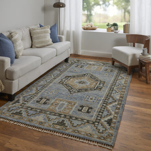 HomeRoots 3' Hand-Knotted Wool Oriental Area Rug in Ivory Tan and Blue – Elegant, Stain-Resistant Design 2' X 3' 567049