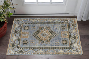 HomeRoots 3' Hand-Knotted Wool Oriental Area Rug in Ivory Tan and Blue – Elegant, Stain-Resistant Design 2' X 3' 567049