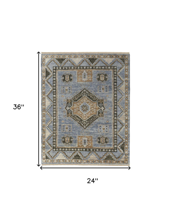 HomeRoots 3' Hand-Knotted Wool Oriental Area Rug in Ivory Tan and Blue – Elegant, Stain-Resistant Design 2' X 3' 567049