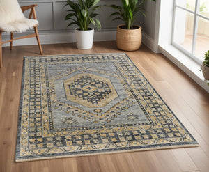 Homeroots 4' X 6' Blue Gray And Tan Wool Oriental Hand Knotted Area Rug With Fringe Blue Wool 567051