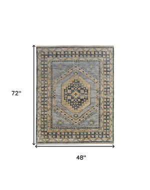 HomeRoots 3' Exquisite Hand-Knotted Wool Area Rug in Blue-Gray and Tan with Classic Fringe Detail 4' X 6' 567051