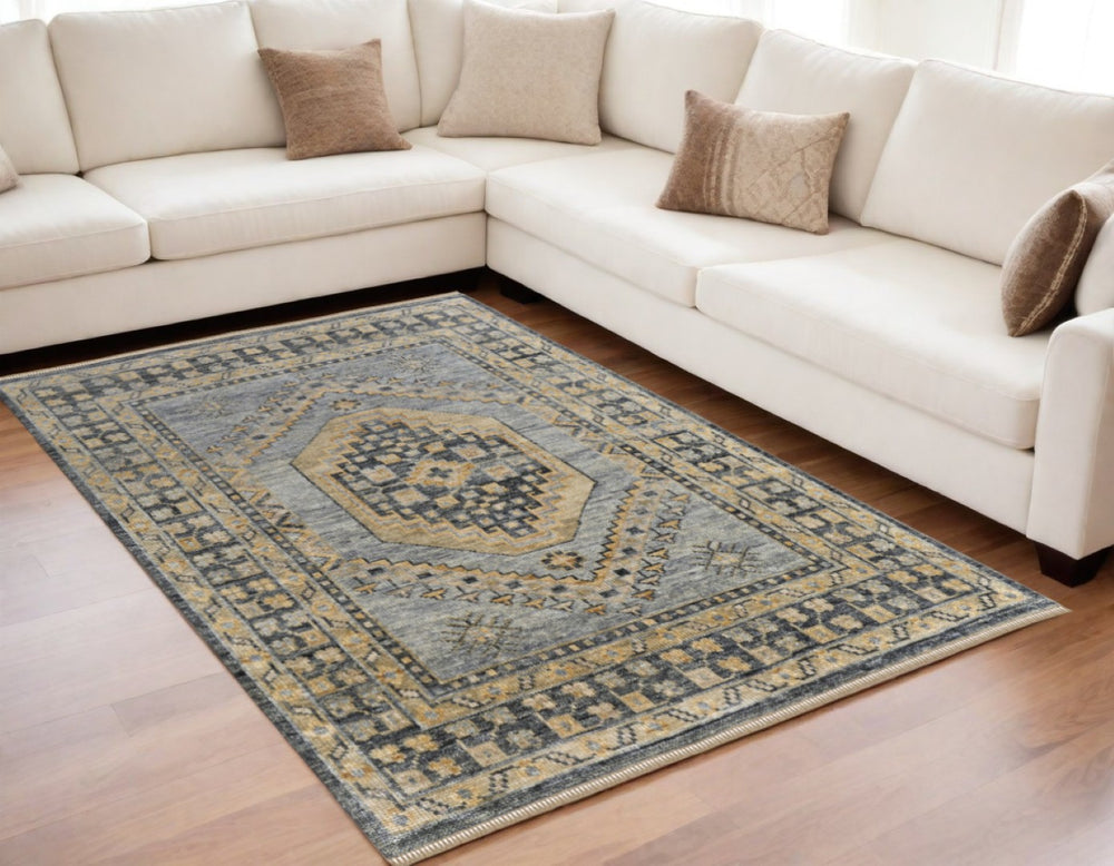 HomeRoots 3' Exquisite Hand-Knotted Wool Area Rug in Blue-Gray and Tan with Classic Fringe Detail 5' X 8' 567052