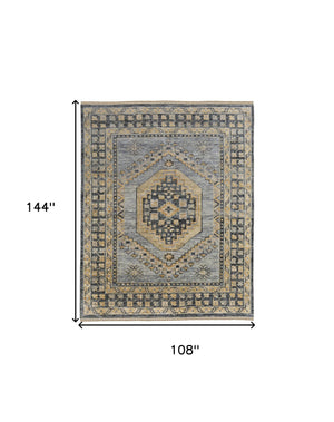 Homeroots 9' X 12' Blue Gray And Tan Wool Oriental Hand Knotted Area Rug With Fringe Blue Wool 567054