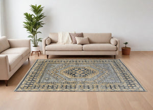 HomeRoots 3' Exquisite Hand-Knotted Wool Area Rug in Blue-Gray and Tan with Classic Fringe Detail 10' X 14' 567055