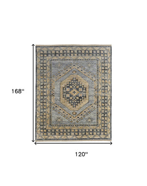 HomeRoots 3' Exquisite Hand-Knotted Wool Area Rug in Blue-Gray and Tan with Classic Fringe Detail 10' X 14' 567055