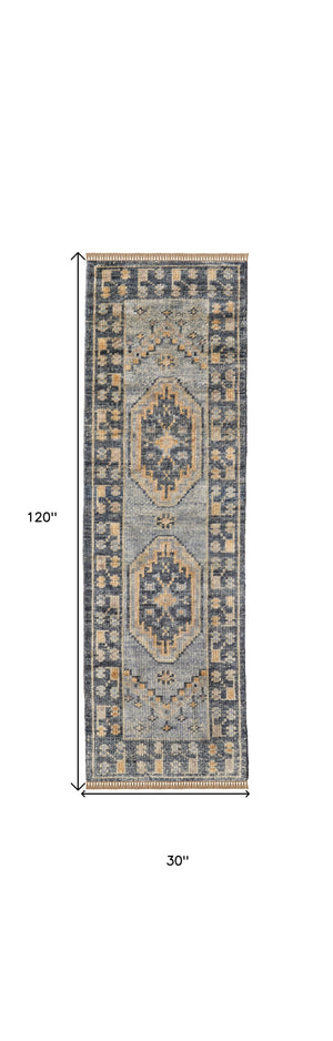 Homeroots 10' Blue Gray And Tan Wool Oriental Hand Knotted Runner Rug With Fringe Blue Wool 567056