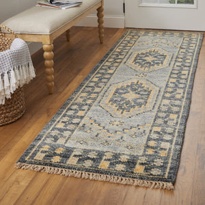 Homeroots 14' Blue Gray And Tan Wool Oriental Hand Knotted Runner Rug With Fringe Blue Wool 567057