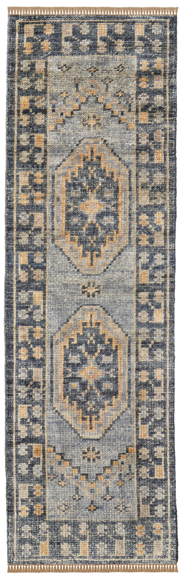 Homeroots 14' Blue Gray And Tan Wool Oriental Hand Knotted Runner Rug With Fringe Blue Wool 567057