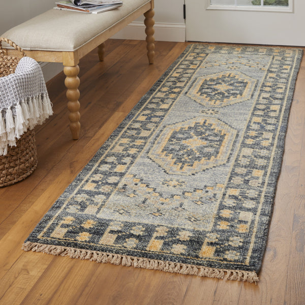 Homeroots 8' Blue Gray And Tan Wool Oriental Hand Knotted Runner Rug With Fringe Blue Wool 567058