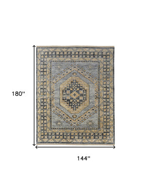 Homeroots 12' X 15' Blue Gray And Tan Wool Oriental Hand Knotted Area Rug With Fringe Blue Wool 567059