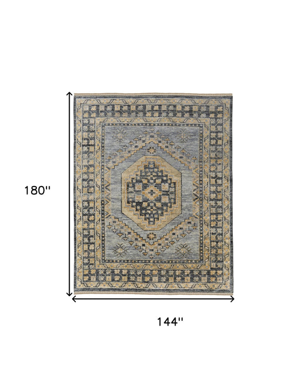 Homeroots 12' X 15' Blue Gray And Tan Wool Oriental Hand Knotted Area Rug With Fringe Blue Wool 567059