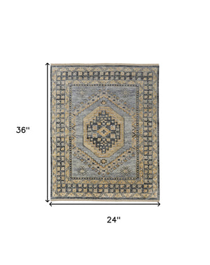 Homeroots 2' X 3' Blue Gray And Tan Wool Oriental Hand Knotted Area Rug With Fringe Blue Wool 567060