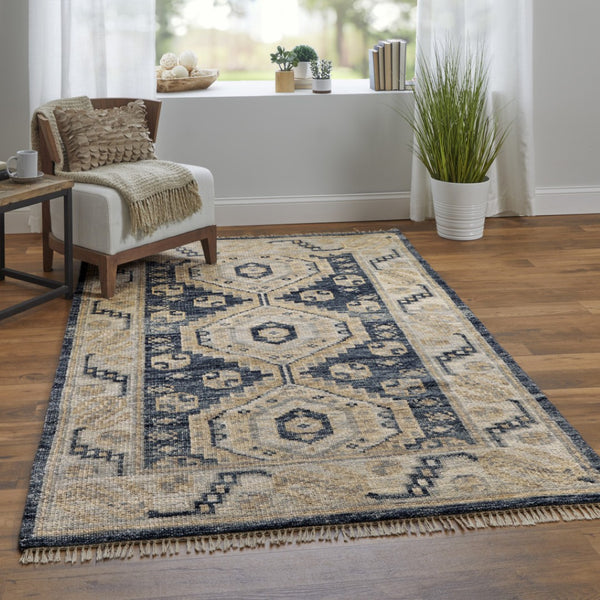 HomeRoots 3' Hand-Knotted Blue and Ivory Wool Area Rug - Geometric Design with Fringed Edges for Timeless Style 3' X 5' 567061