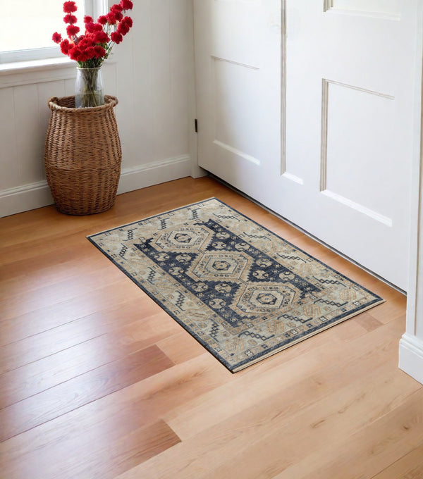 Homeroots 3' X 5' Blue And Ivory Wool Geometric Hand Knotted Area Rug With Fringe Blue Wool 567061