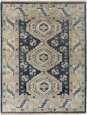 HomeRoots 3' Hand-Knotted Blue and Ivory Wool Area Rug - Geometric Design with Fringed Edges for Timeless Style 3' X 5' 567061