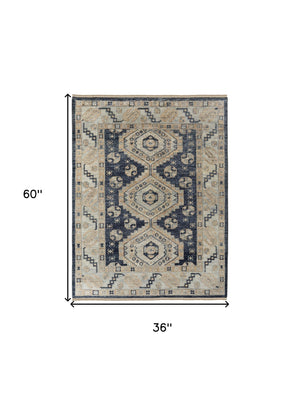 Homeroots 3' X 5' Blue And Ivory Wool Geometric Hand Knotted Area Rug With Fringe Blue Wool 567061