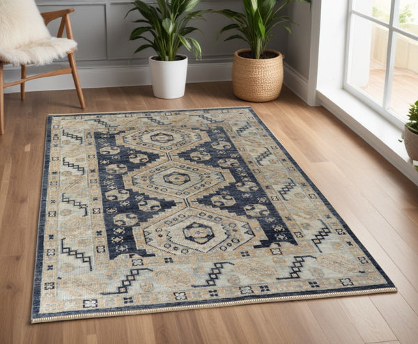 HomeRoots 3' Hand-Knotted Blue and Ivory Wool Area Rug - Geometric Design with Fringed Edges for Timeless Style 4' X 6' 567062