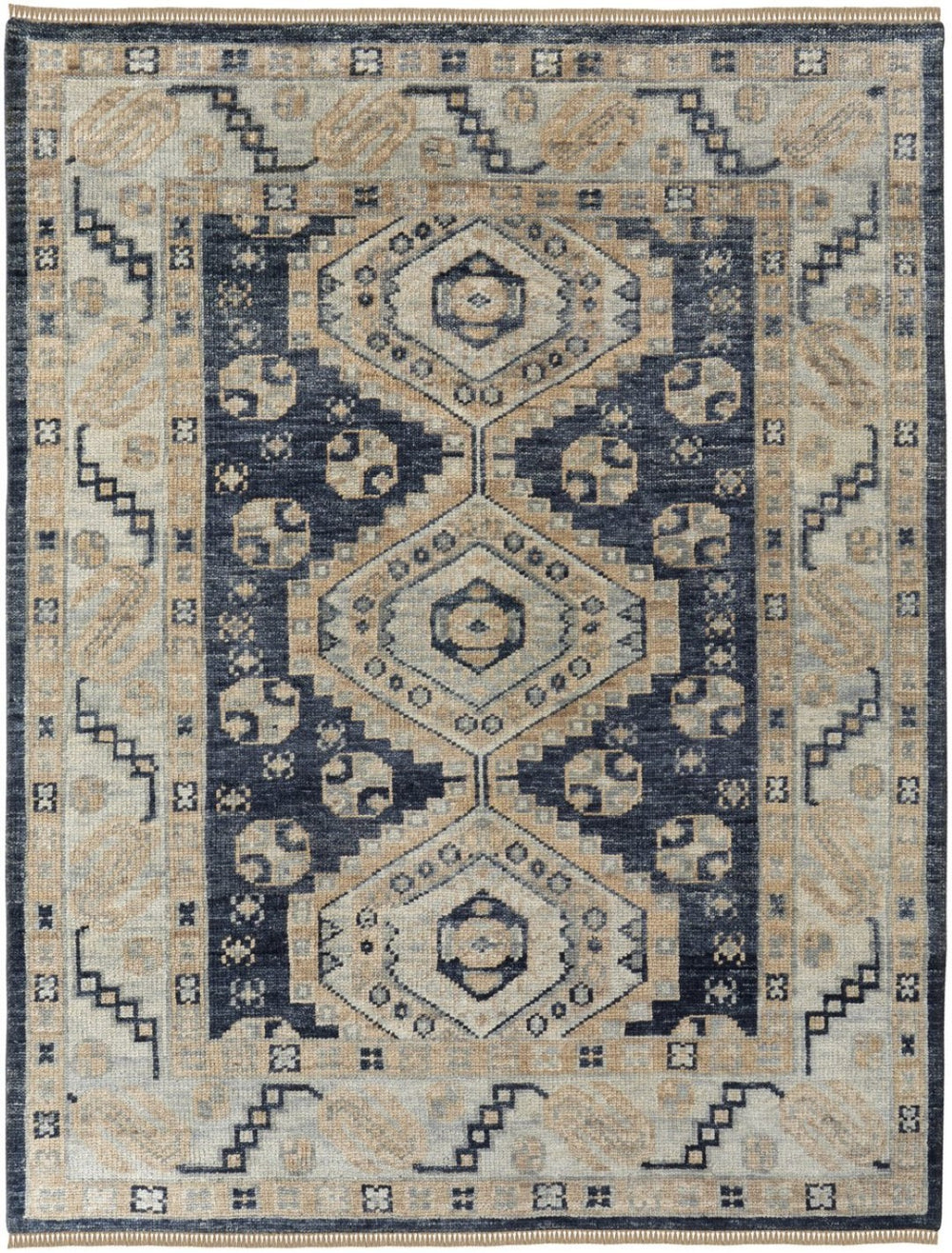 HomeRoots 3' Hand-Knotted Blue and Ivory Wool Area Rug - Geometric Design with Fringed Edges for Timeless Style 4' X 6' 567062