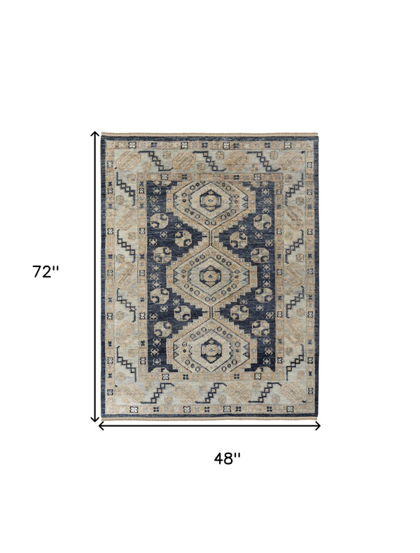 Homeroots 4' X 6' Blue And Ivory Wool Geometric Hand Knotted Area Rug With Fringe Blue Wool 567062