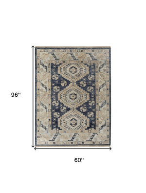 Homeroots 5' X 8' Blue And Ivory Wool Geometric Hand Knotted Area Rug With Fringe Blue Wool 567063