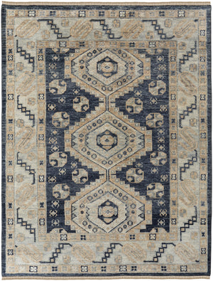 Homeroots 5' X 8' Blue And Ivory Wool Geometric Hand Knotted Area Rug With Fringe Blue Wool 567063