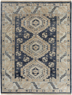Homeroots 5' X 8' Blue And Ivory Wool Geometric Hand Knotted Area Rug With Fringe Blue Wool 567063