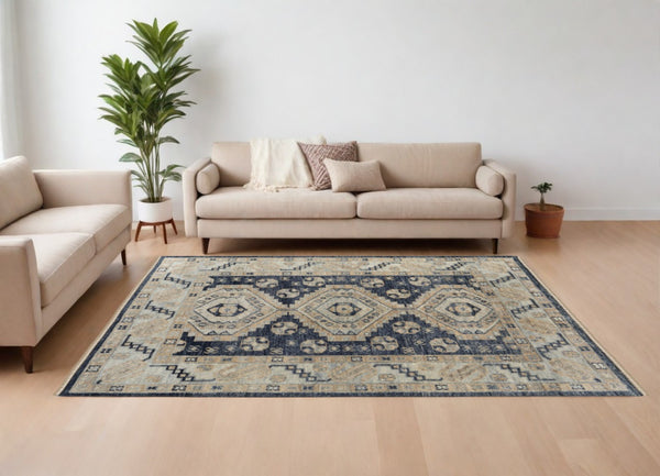 HomeRoots 3' Hand-Knotted Blue and Ivory Wool Area Rug - Geometric Design with Fringed Edges for Timeless Style 8' X 10' 567064