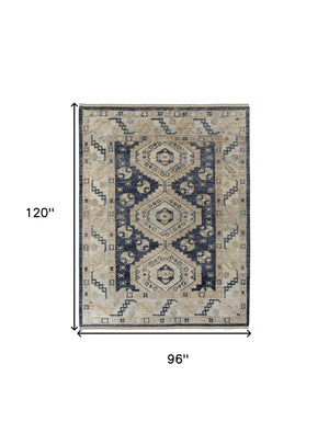 HomeRoots 3' Hand-Knotted Blue and Ivory Wool Area Rug - Geometric Design with Fringed Edges for Timeless Style 8' X 10' 567064