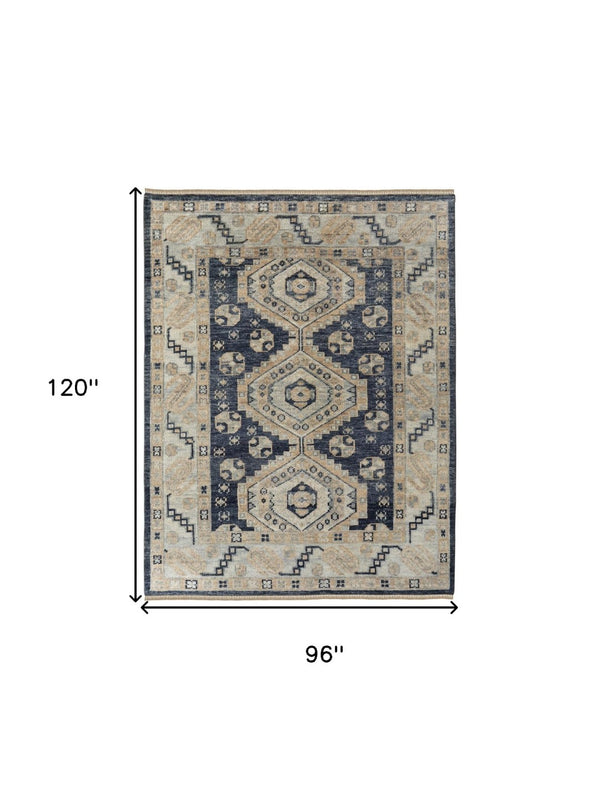 HomeRoots 3' Hand-Knotted Blue and Ivory Wool Area Rug - Geometric Design with Fringed Edges for Timeless Style 8' X 10' 567064