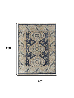 Homeroots 8' X 10' Blue And Ivory Wool Geometric Hand Knotted Area Rug With Fringe Blue Wool 567064