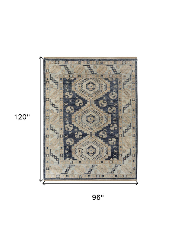 Homeroots 8' X 10' Blue And Ivory Wool Geometric Hand Knotted Area Rug With Fringe Blue Wool 567064