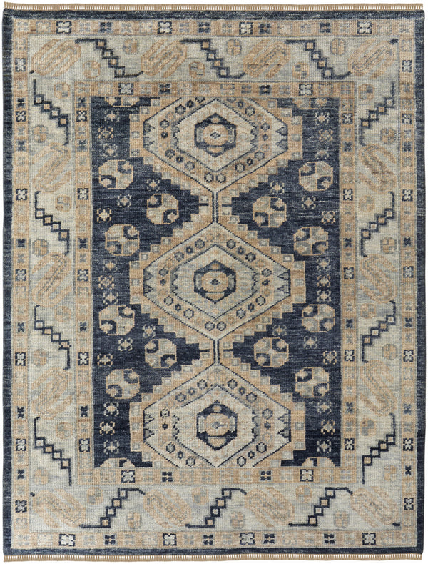 Homeroots 8' X 10' Blue And Ivory Wool Geometric Hand Knotted Area Rug With Fringe Blue Wool 567064