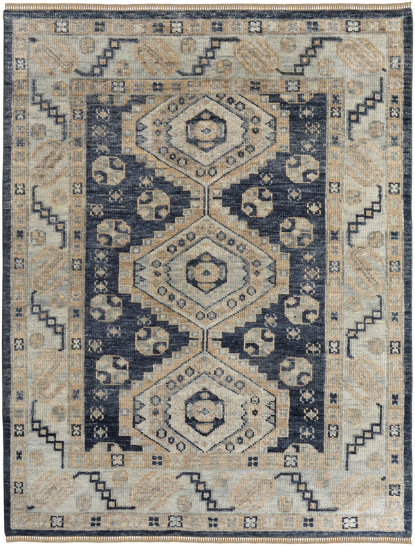 Homeroots 8' X 10' Blue And Ivory Wool Geometric Hand Knotted Area Rug With Fringe Blue Wool 567064