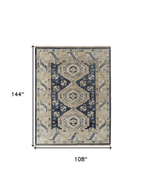 Homeroots 9' X 12' Blue And Ivory Wool Geometric Hand Knotted Area Rug With Fringe Blue Wool 567065