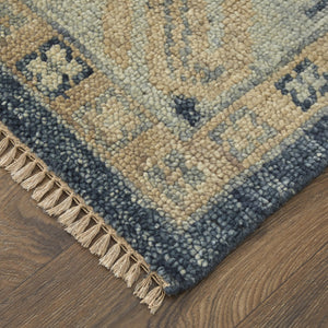 HomeRoots 3' Hand-Knotted Blue and Ivory Wool Area Rug - Geometric Design with Fringed Edges for Timeless Style 10' Runner 567066