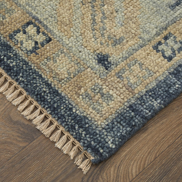 HomeRoots 3' Hand-Knotted Blue and Ivory Wool Area Rug - Geometric Design with Fringed Edges for Timeless Style 10' Runner 567066