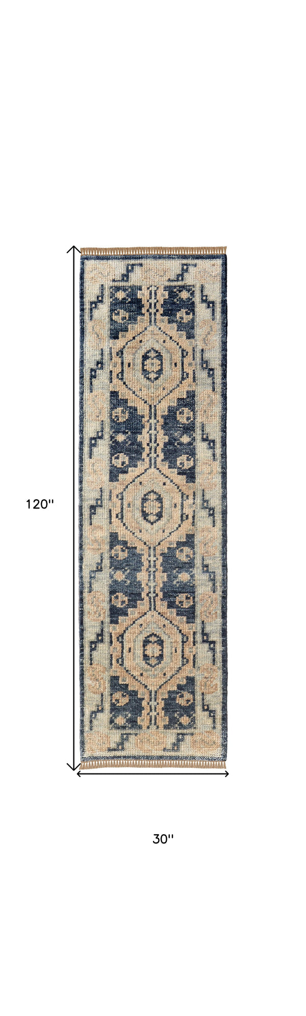 Homeroots 10' Blue And Ivory Wool Geometric Hand Knotted Runner Rug With Fringe Blue Wool 567066