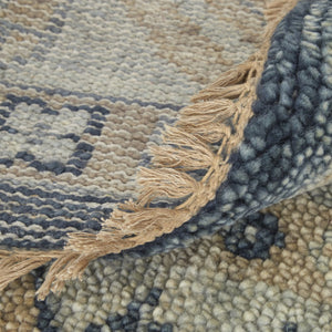HomeRoots 3' Hand-Knotted Blue and Ivory Wool Area Rug - Geometric Design with Fringed Edges for Timeless Style 12' Runner 567067