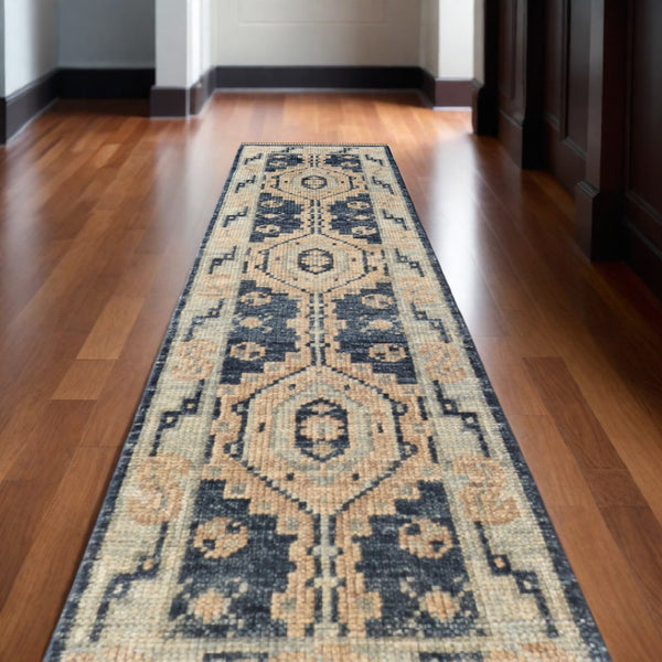 HomeRoots 3' Hand-Knotted Blue and Ivory Wool Area Rug - Geometric Design with Fringed Edges for Timeless Style 12' Runner 567067