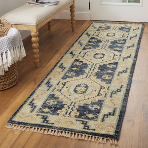 Homeroots 12' Blue And Ivory Wool Geometric Hand Knotted Runner Rug With Fringe Blue Wool 567067