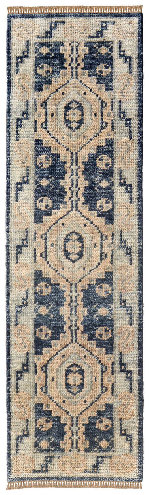 Homeroots 14' Blue And Ivory Wool Geometric Hand Knotted Runner Rug With Fringe Blue Wool 567068