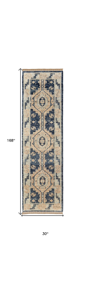 Homeroots 14' Blue And Ivory Wool Geometric Hand Knotted Runner Rug With Fringe Blue Wool 567068