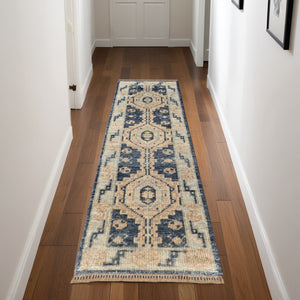 Homeroots 8' Blue And Ivory Wool Geometric Hand Knotted Runner Rug With Fringe Blue Wool 567069