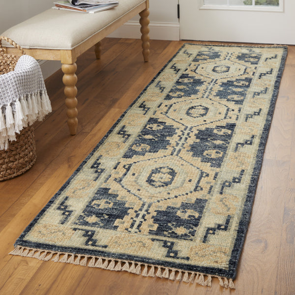 Homeroots 8' Blue And Ivory Wool Geometric Hand Knotted Runner Rug With Fringe Blue Wool 567069