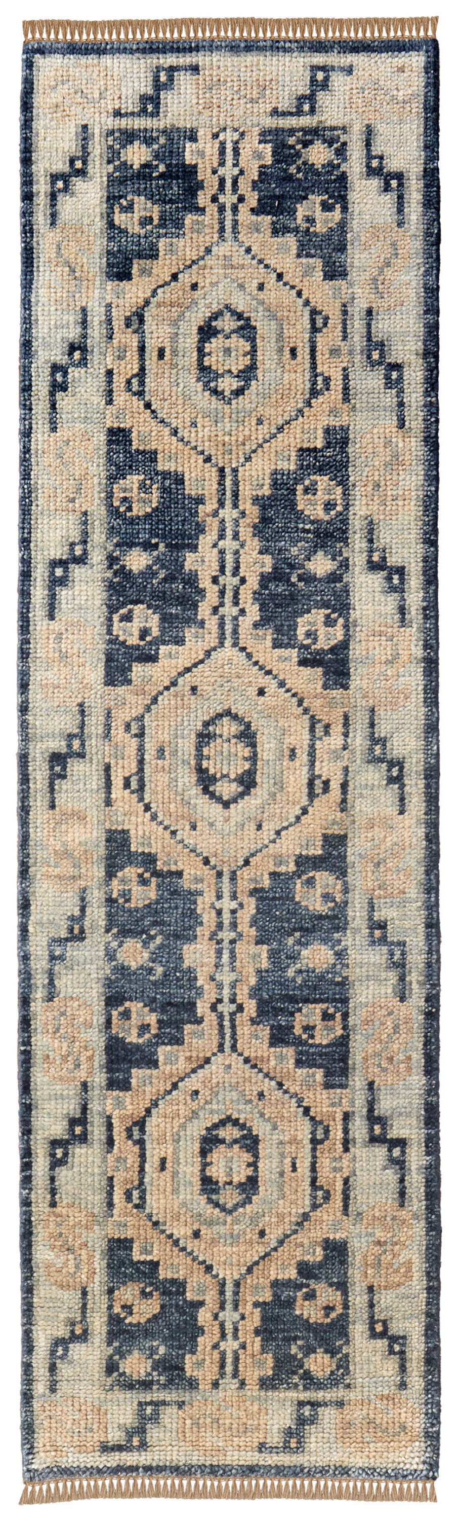 Homeroots 8' Blue And Ivory Wool Geometric Hand Knotted Runner Rug With Fringe Blue Wool 567069