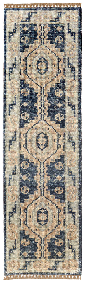 Homeroots 8' Blue And Ivory Wool Geometric Hand Knotted Runner Rug With Fringe Blue Wool 567069